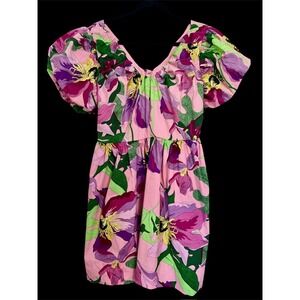 EXPRESS PUFF‎ SLEEVE POPLIN PURPLE PINK FLORAL DRESS WOMENS LARGE